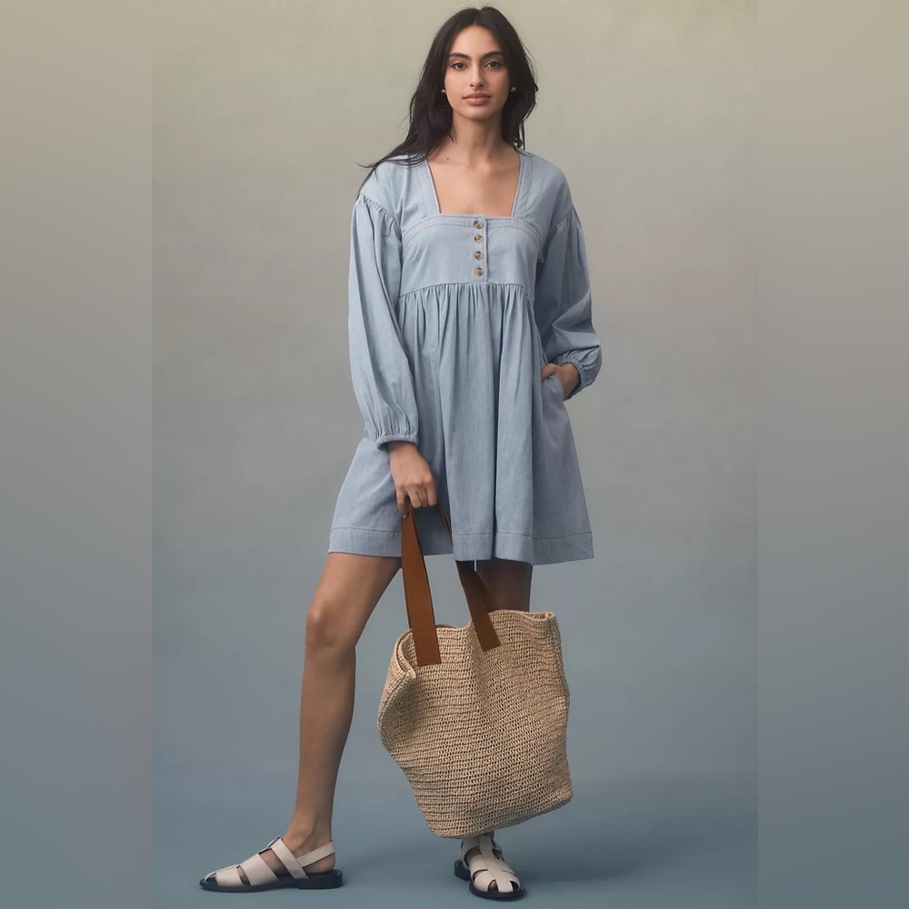 Long-Sleeve Square-Neck Denim Mini Babydoll Dress